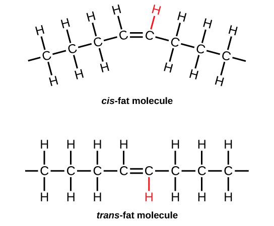 a diagram of cis-fats versus trans-fats showing the bent structure of cis-fats and the linear structure of trans-fats